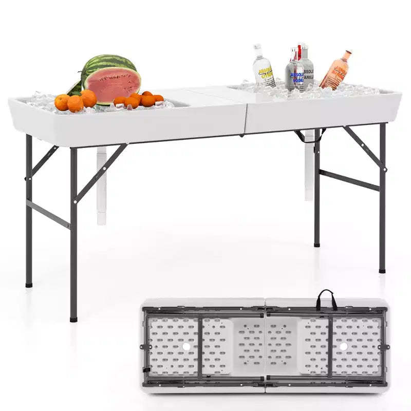 Costway 5 FT Foldable Ice Table w/Double-Sink Detachable Table Skirt Chilling Table