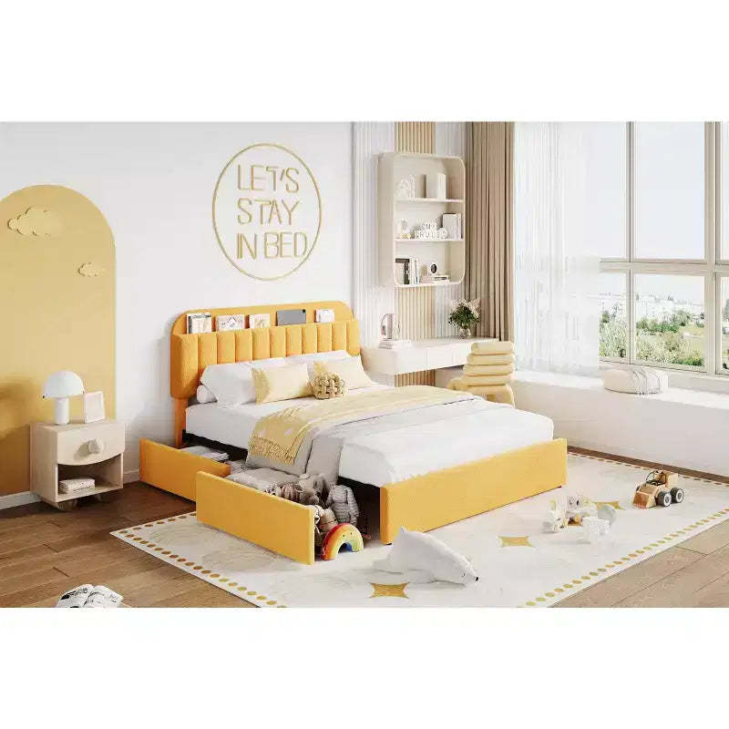 Full Size Platform Bed Frame,Kids Bed Frame with Storage Headboard, 2 Rolling Drawers, Noise Free Bedframe, No Box Spring Needed,Yellow