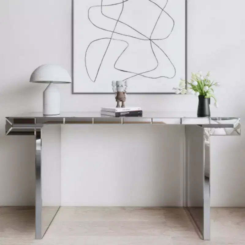 60 Mirrored Console Table with Fluted Glass Accents, Modern Full-Length Entryway Table for Living Room, Hallway or Behind Sofa - Panipeachy