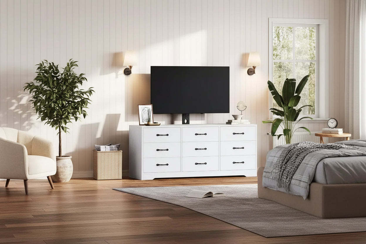 TV Stand with Mount for 32C85 Inch TVs, Modern Wood Media Console with Storage 9 Drawers, Living Room Entertainment Center Furniture