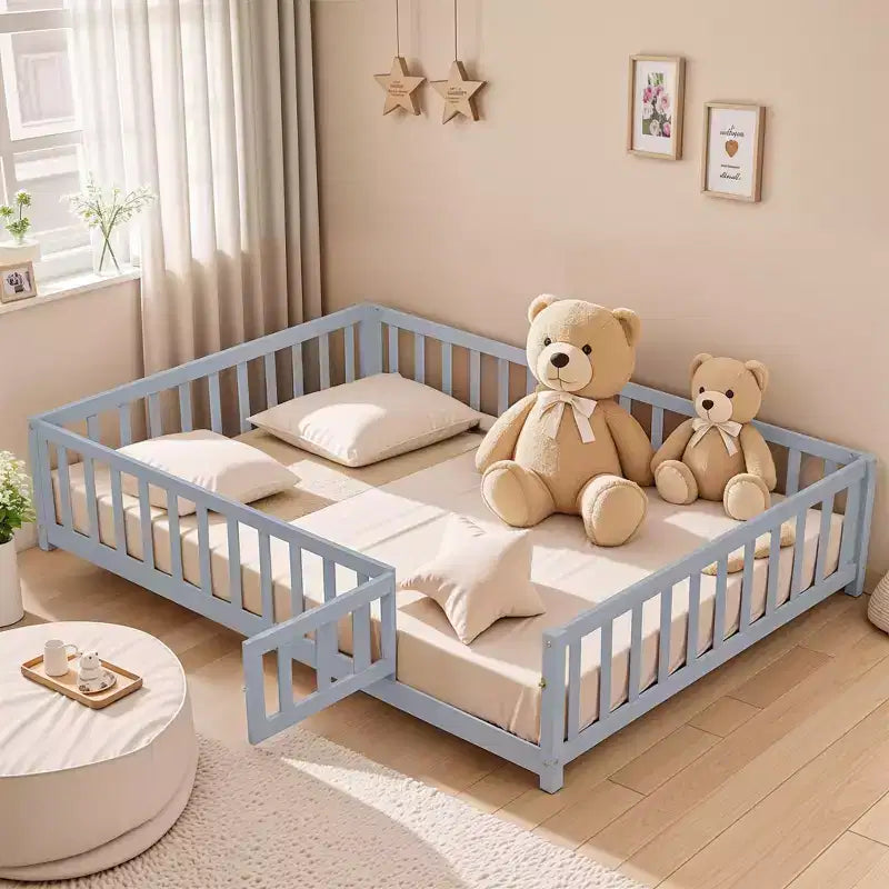 SC 1 Plywood Full Size Floor Platform Bed with Fence and Door for Kids, Montessori Floor Bed Frame Grey