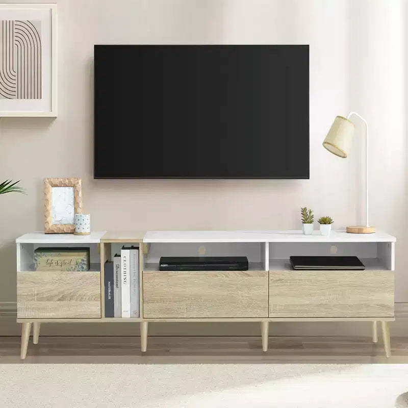 Modern TV Stand with Drawers for 80 TV, Media Console Table with Storage, TV Storage Cabinet with Open Shelves for Living Room, White