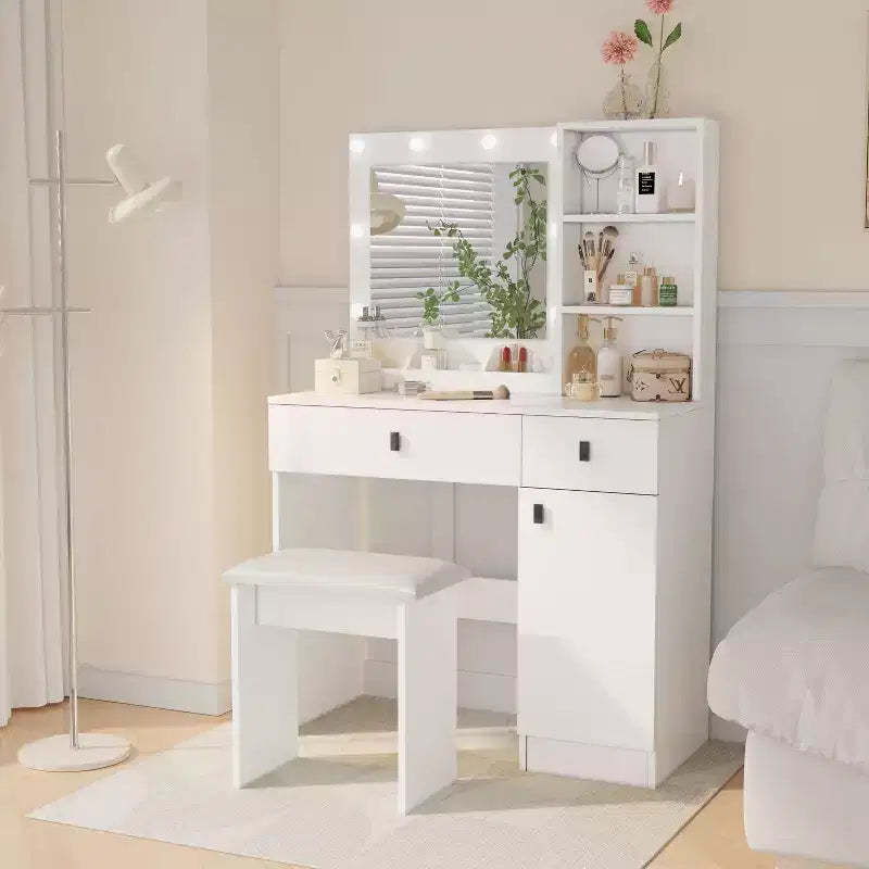 Okak Elegent Vanity Desk with 3-Mode Adjustable Mirror, Makeup Vanity with Large Drawers & Three Level Shelves, Vanity Table for Bedroom, White