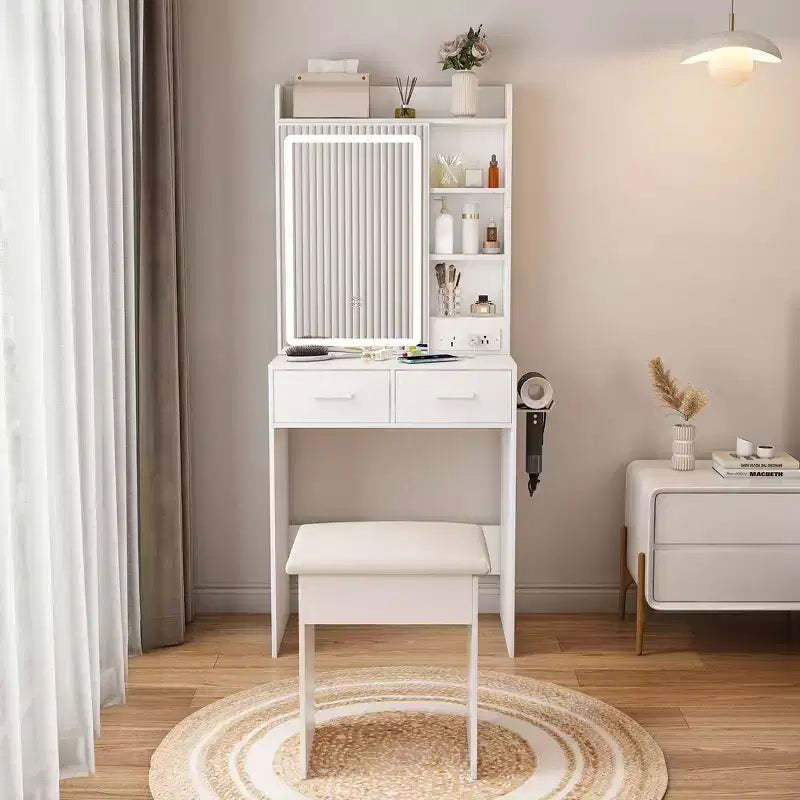 Okak Compact Vanity with Adjustable Mirror, Vanity Desk with Built-in Power Outlet and Padding Stool, Girls Vanity for Bedroom, White
