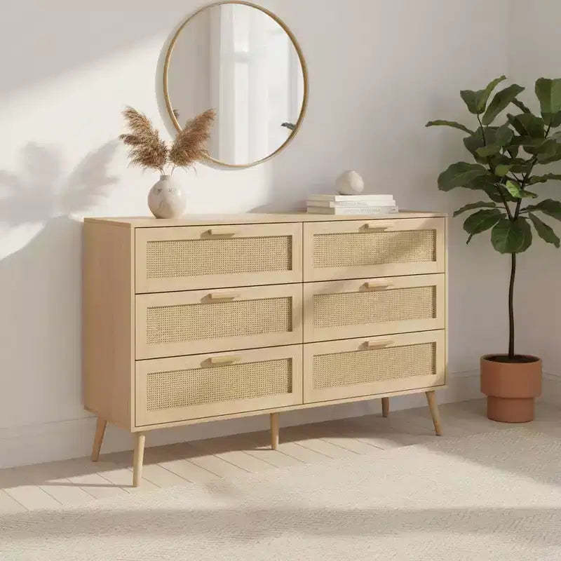 Homy Casa 6-Drawer Dresser with Rattan Fronts for Bedroom, Living Room or Entryway Storage, Natural Wood
