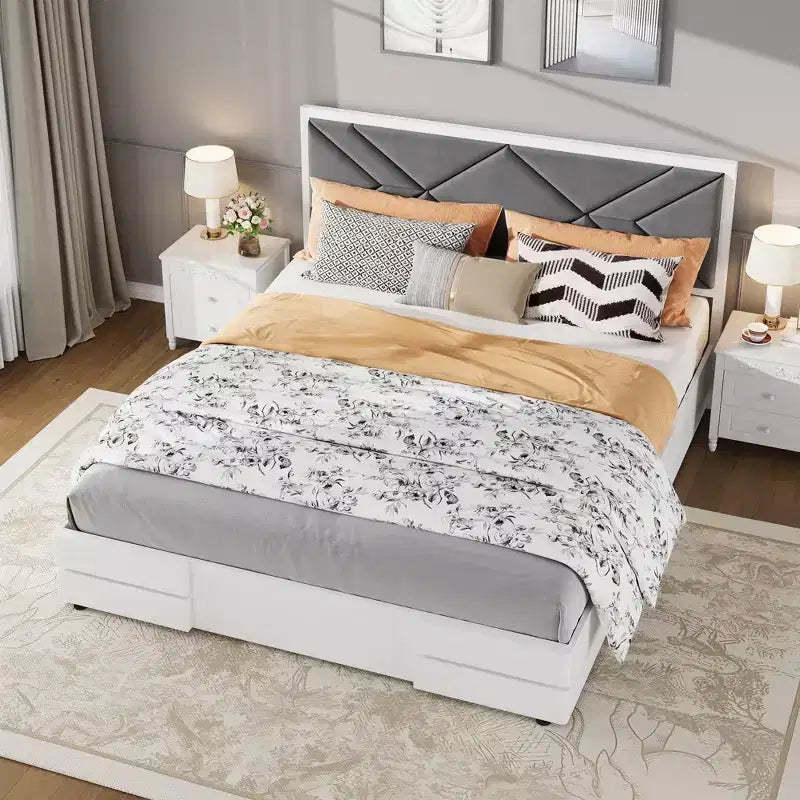 Upholstered Bed Frame,Wooden Bed Frame with Fabric Upholstered Headboard,No Box Spring Needed,Strong Wooden Slats,Easy Assembly,White