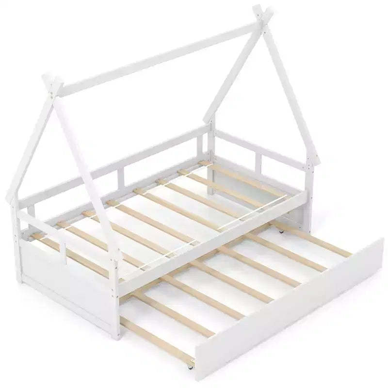 Costway Twin Size House Bed w/ Trundle Roof & Safety Guardrail Wood Slat Support White