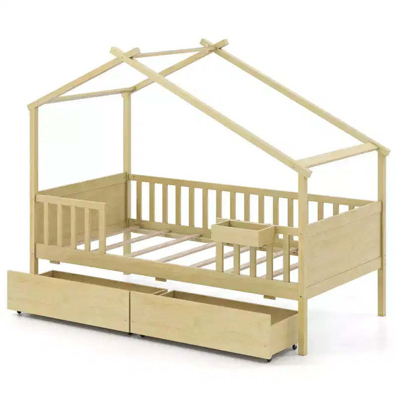 Costway Twin House Bed w/ 2 Storage Drawers Roof & Fence Rails Headboard & Footboard