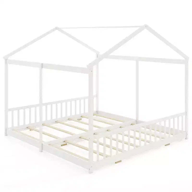 Costway Double Floor Bed w/ Safety Guardrails No Box Spring Needed for Teens Boys Girls White