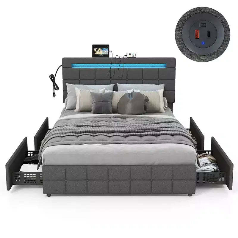 Costway Full Upholstered Platform Bed with LED Headboard Charging Station Storage Drawer