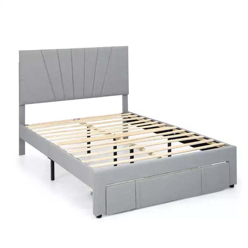 Costway Full/Queen Upholstered Bed Frame Platform Bed with Drawer & Adjustable Headboard Grey