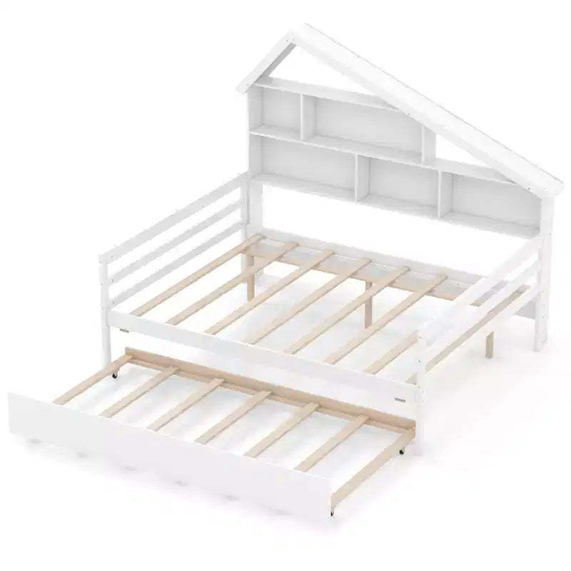 Costway Full Size Daybed w/ Twin Size Trundle Bedside Bookshelf & Headboard White