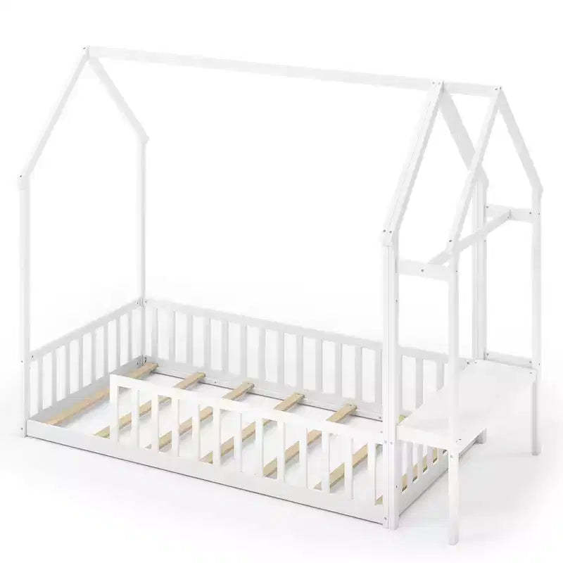 Costway Twin House Floor Bed w/ Storage Shelf & Detachable Clothes Hanger Guardrails