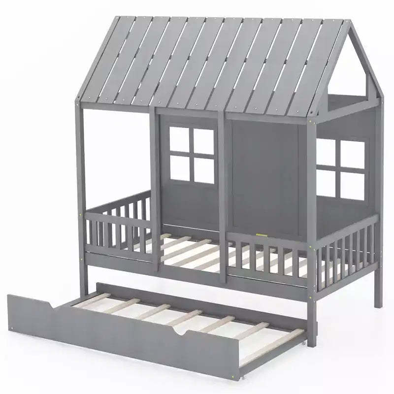 Costway Twin Size House Bed with Trundle Fence Decoration Wooden Windows Tall Roof Gray