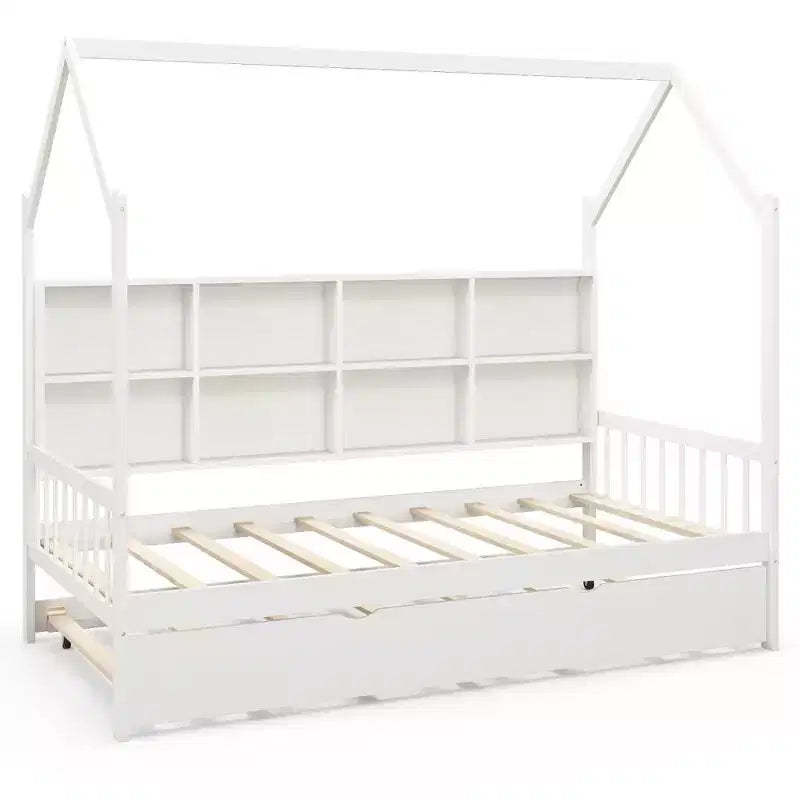 Costway Twin House Daybed with Trundle Wooden Bed 8 Storage Shelf Compartments White
