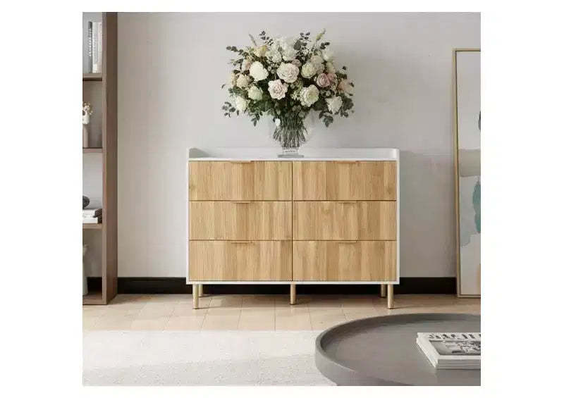 6-Drawer Dresser with Storage Rail, MDF Frame White & Natural Wood Finish, Gold Metal Legs