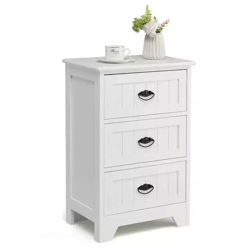 Costway End Table Nightstand Bedroom Storage w/ 3 Drawers & Wood Slide White