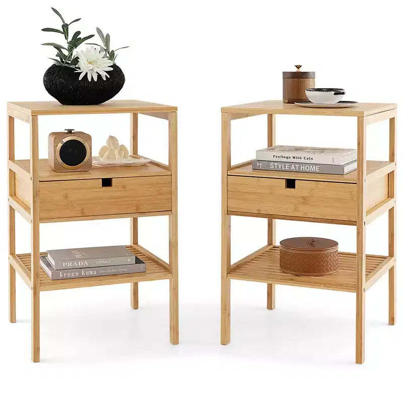 Costway Bamboo Nightstands Set of 2 w/ Pull-out Drawer and Storage Shelf Wood Natural