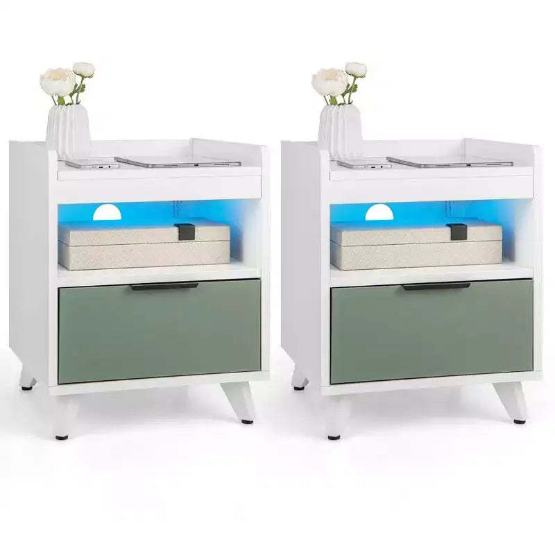 Costway 2PCS Nightstand Modern Beside End Table w/ LED Lights Open Compartment & Drawer