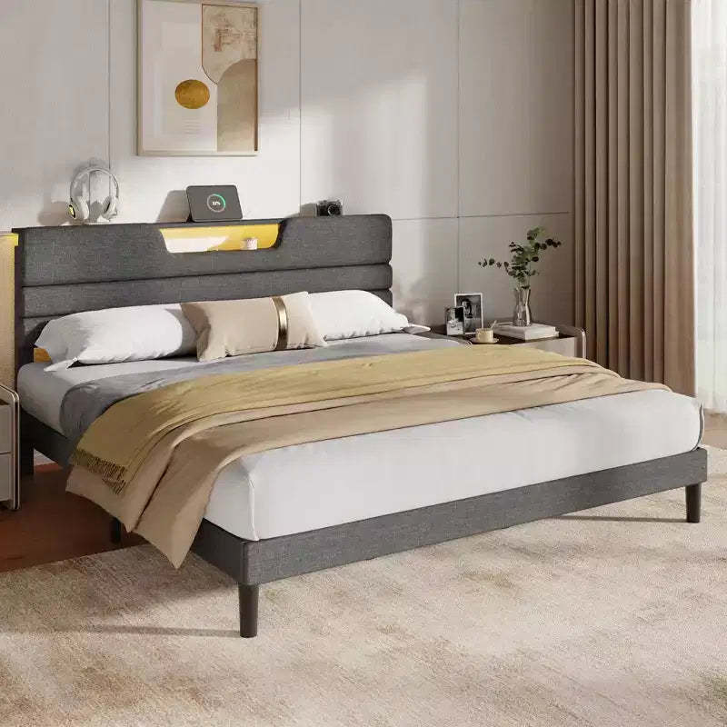 King Modern Grey Upholstered Platform Bed Frame Storage Headboard 2 Tier Shelf LED Lights Charging Station USB Ports No Box Spring Needed Wood Slats