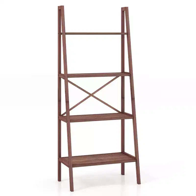 Costway 4-Tier Bamboo Ladder Bookshelf Rustic Bookcase Floor Standing Shelving Unit Book Shelf Storage Organizer