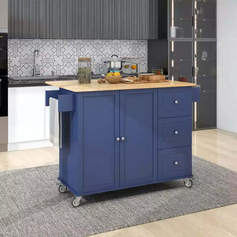 sumyeg Rolling Kitchen Island with Solid Wood Top, Drop Leaf Bar, Locking Wheels, Storage Cabinet, Spice Rack, Towel Rack and Drawer, 52.7inch