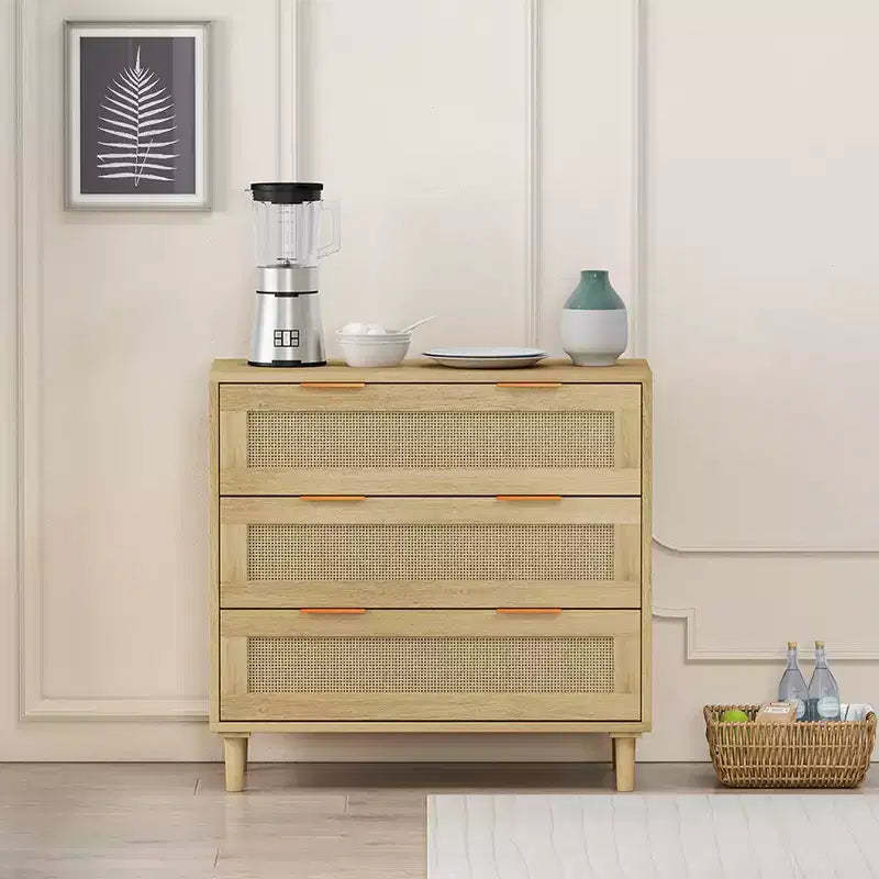 3 Drawer Dresser for Bedroom, Wooden Rattan Dresser Chest of Drawers with Metal Handles, Boho Farmhouse Closet Organizer Oak