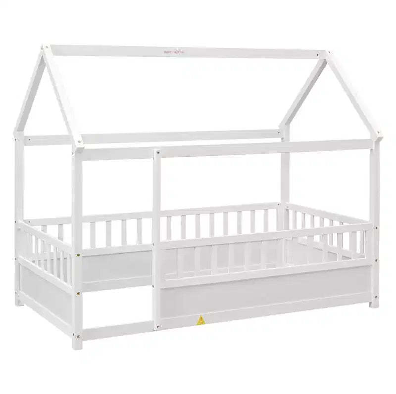 Pine Queen Size Canopy Platform Bed with Fence Rail - White Finish for Bedroom Decor