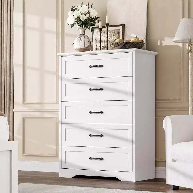 5-Drawer Dresser, White, Sturdy Storage, Smooth Gliding Drawers, for Bedroom & Guest Room