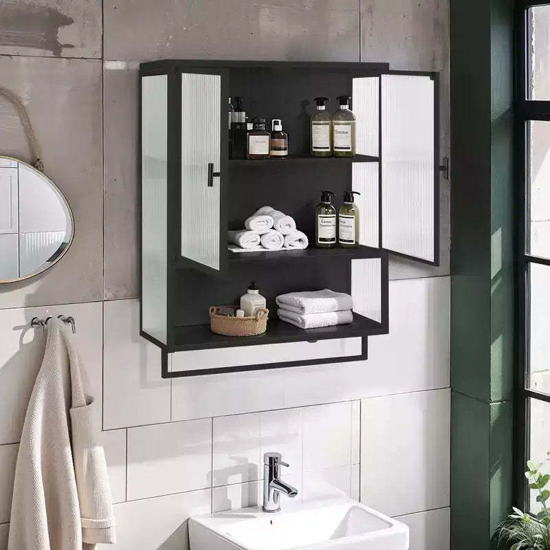 Modern Black Wall Cabinet with Glass Doors, Open Shelf, Towel Rack & 2-Tier Storage for Living Room, Dining Room, or Bathroom