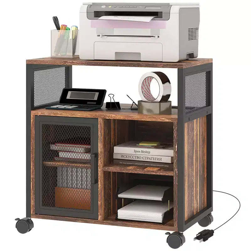 Printer Stand with Socket and USB Charging Ports, Industrial Mobile Printer Table with Storage and Wheels