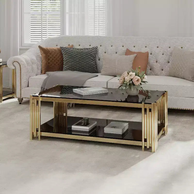 SC 2 Stainless Steel Woker Furniture 48 Wide Rectangular Coffee Table with Tempered Glass Top A