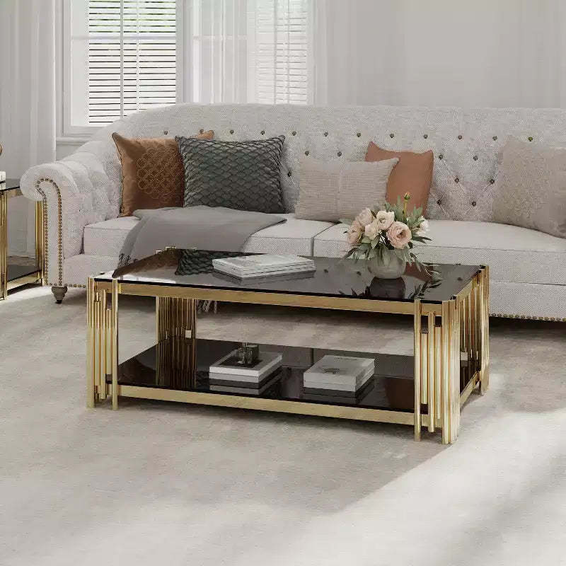 SC 2 Stainless Steel Woker Furniture 48 Wide Rectangular Coffee Table with Tempered Glass Top A
