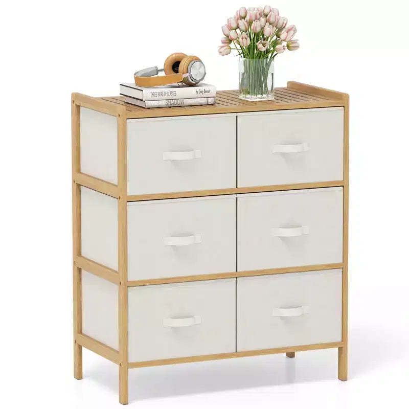 Costway Fabric Dresser w/ 6 Drawers Bamboo Storage Tower w/ 6 Folding Fabric Bins