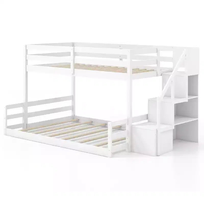 Costway Twin Over Full Low Bunk Bed w/ Storage Stairs w/ Full-length Guardrails