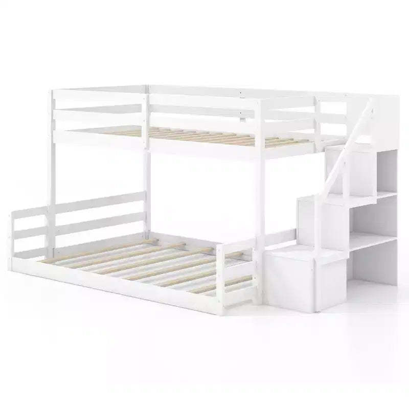Costway Twin Over Full Low Bunk Bed w/ Storage Stairs w/ Full-length Guardrails
