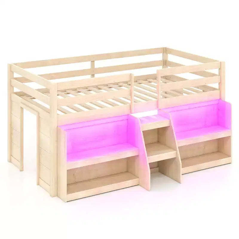 Costway Twin Size Loft Bed w/ LED Lights Staircase & Safety Guardrail Under-bed Storage