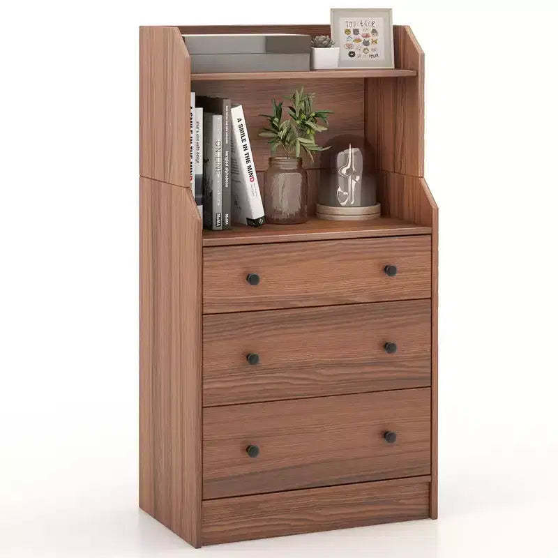 Costway 3-Drawer Dresser 44 Tall Wood Storage Organizer Chest w/ 2 Open Shelves Walnut