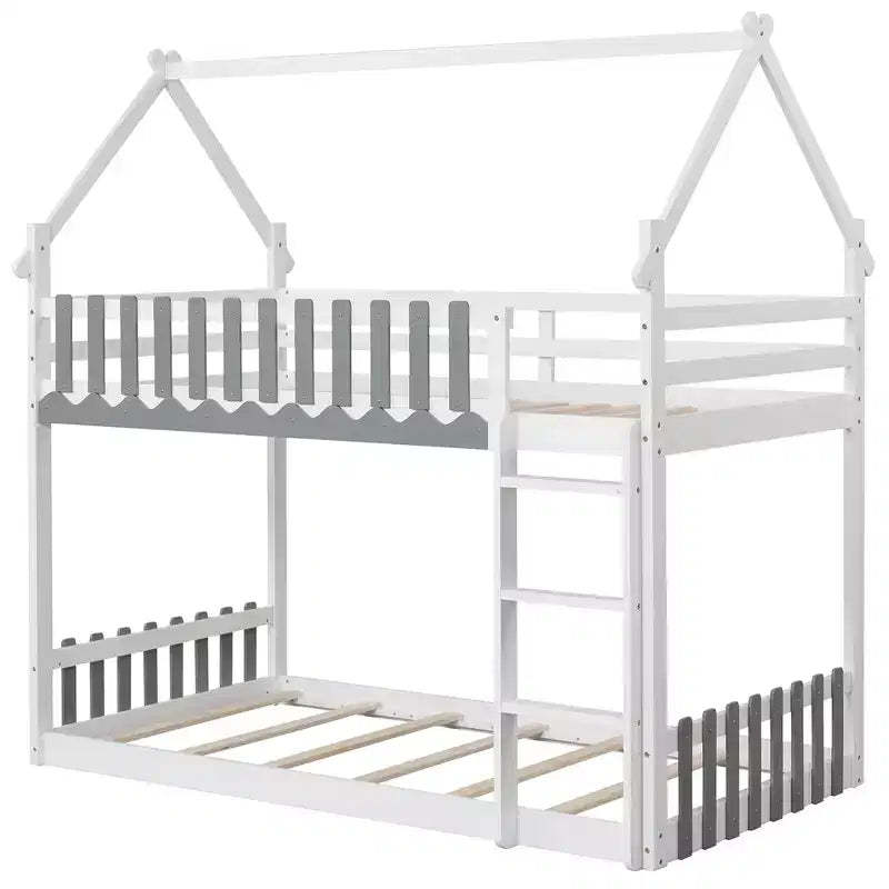 Costway Twin Over Twin Bunk Bed w/ Fence & Ladder Solid Wood Floor Bunk Bed for Kids White