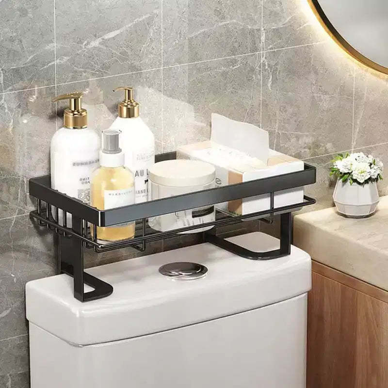 No Drilling Over The Toilet Storage Shelf, Rust-Proof Steel Bathroom Organizer Rack with Mesh Design, Space Saving for Small Space, Black 1-Tier