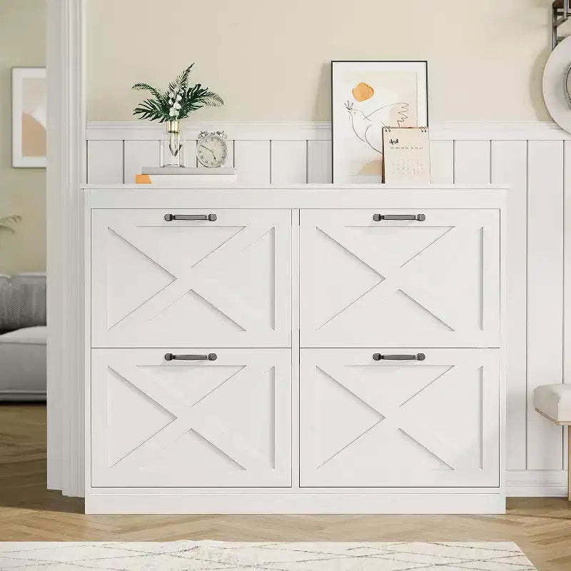 GustoWave 4 Turn Drawers Rattan Entryway Shoe Storage Cabinet, Freestanding Organizer, White
