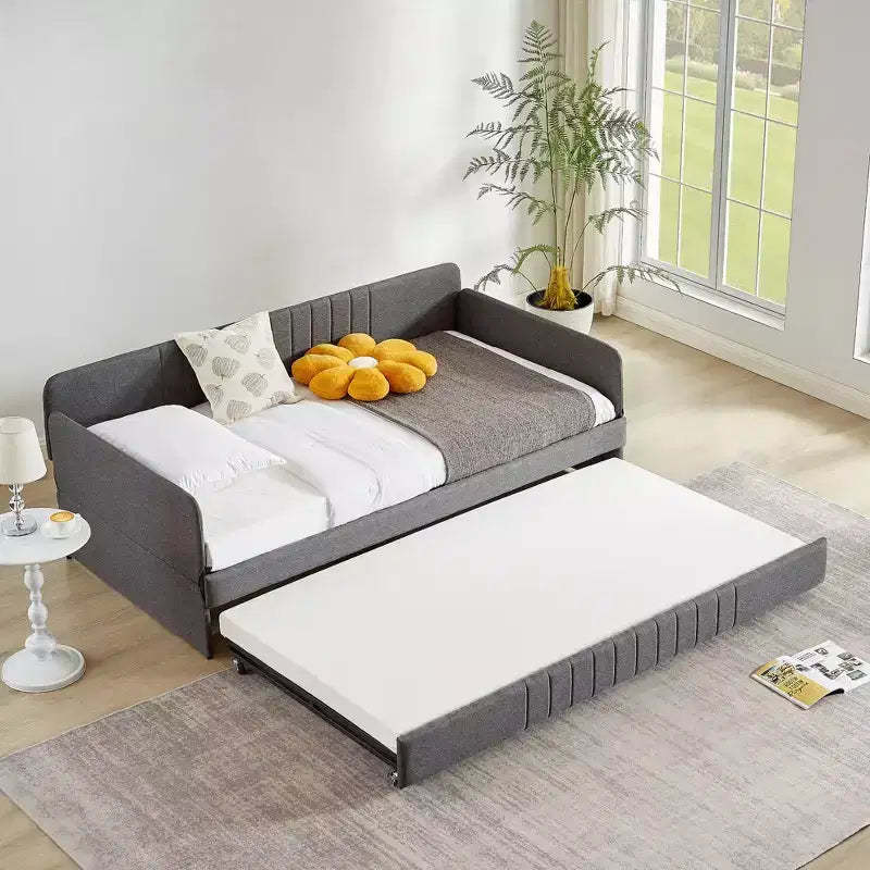Twin Size Daybed with Trundle, Upholstered Sofa Bed Frame with Metal Slats, Platform Bed Frame, Single Daybed for Bedroom Living Room Guest Room