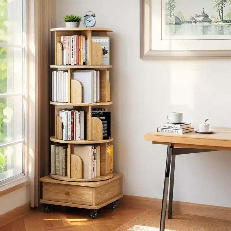 Rotating Bookshelf Tower 360Spining Bookcase Wooden Revolving Book Shelf Corner Display Storage Organizer