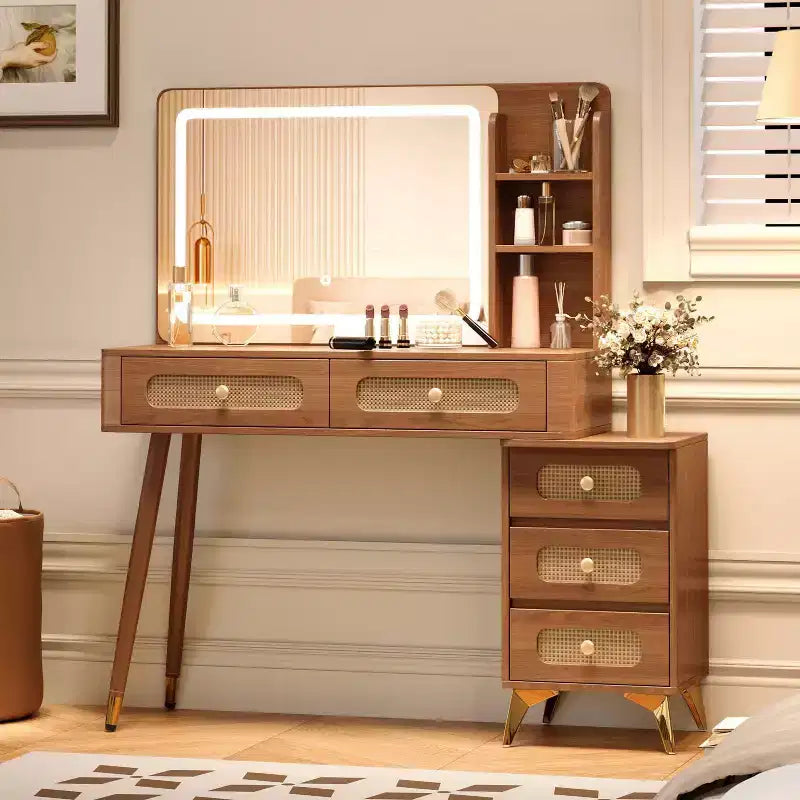 Okak 47IN Makeup Vanity with 3 Mode Adjustable Mirror, Vanity Desk with Rattan Drawer Design, Vanity Table for Bedroom, Living Room