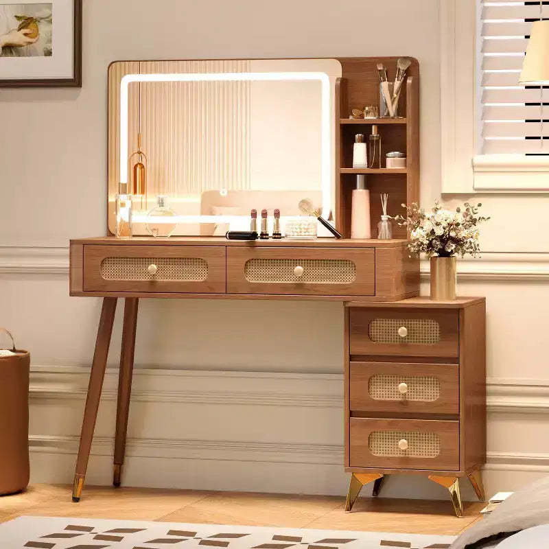 Okak 47IN Makeup Vanity with 3 Mode Adjustable Mirror, Vanity Desk with Rattan Drawer Design, Vanity Table for Bedroom, Living Room