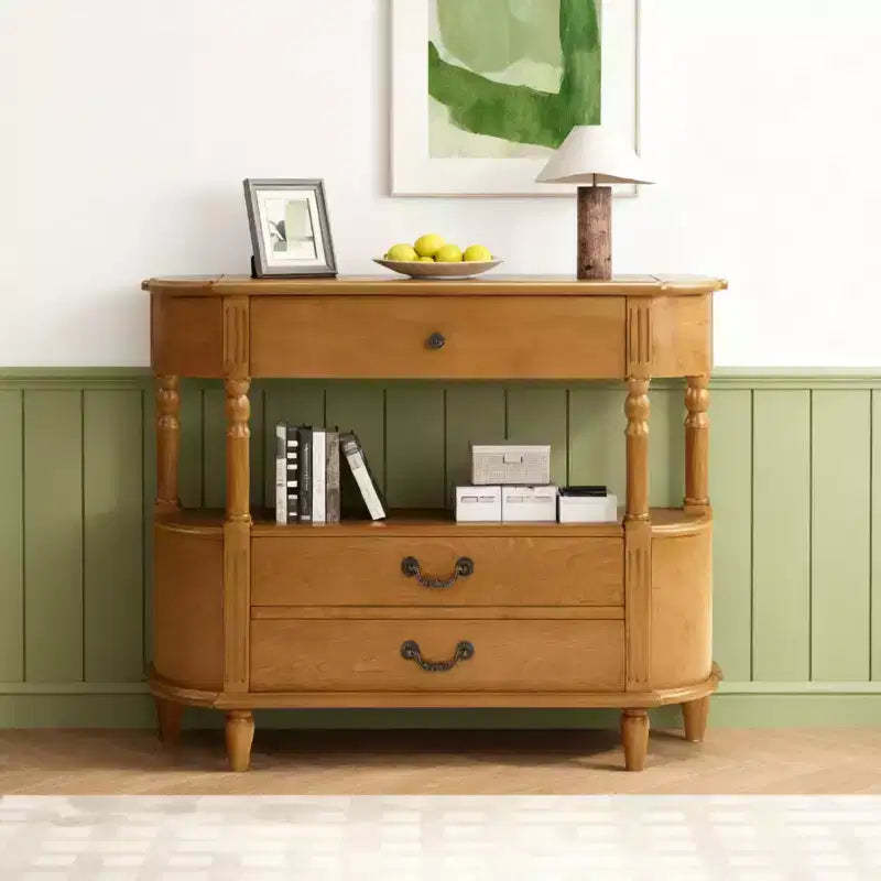 Luxystar 43'' Retro Curved Console Table with 3 Drawers and Storage Shelf for Living Room and Hallway, Brown
