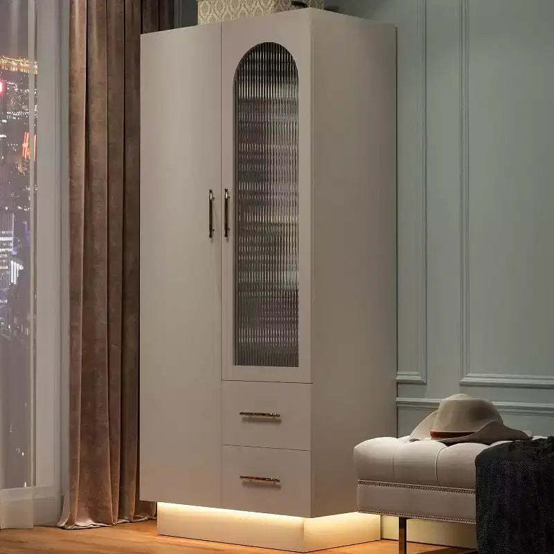 70 Tall Storage Cabinet with 2 Doors & 2 Drawers, Modern Floor Storage Cabinet with Fluted Glass Door, Hanging Rods & Adjustable Shelf, White