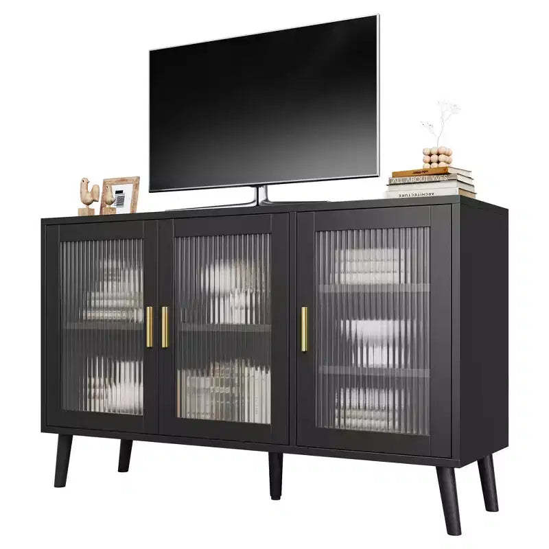 Black Sideboard Buffet Cabinet with Storage, Buffet Cabinet with Fluted Glass Door and Drawers, Sideboard