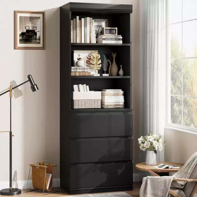 70 inch Industrial Bookshelf with Drawers, Bookshelf and Bookcase with 3-Tier Open Shelves, Farmhouse Tall Bookcase for Living Room, Office
