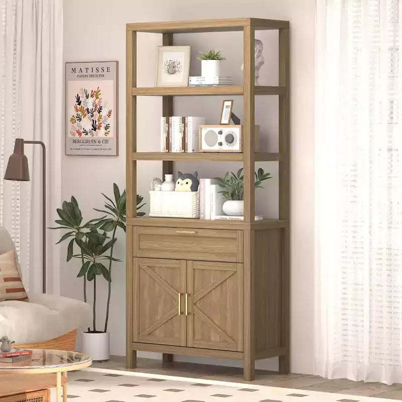 71 Farmhouse Wood Bookshelf with Doors & Drawer - 5-Tier Tall Bookcase, Freestanding Storage Cabinet